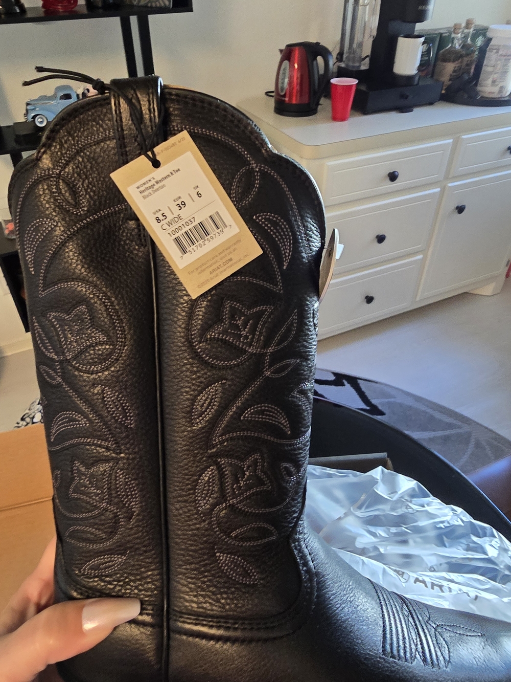 Ariat Heritage Western Boots Black Leather 8.5 Wide Square Toe Cowboy NWT